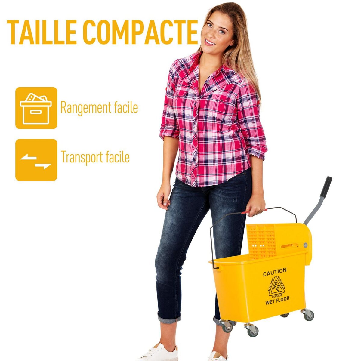 HOMCOM Chariot de nettoyage lavage seau de ménage 20 L avec essoreur et séparateur eau sale propre jaune