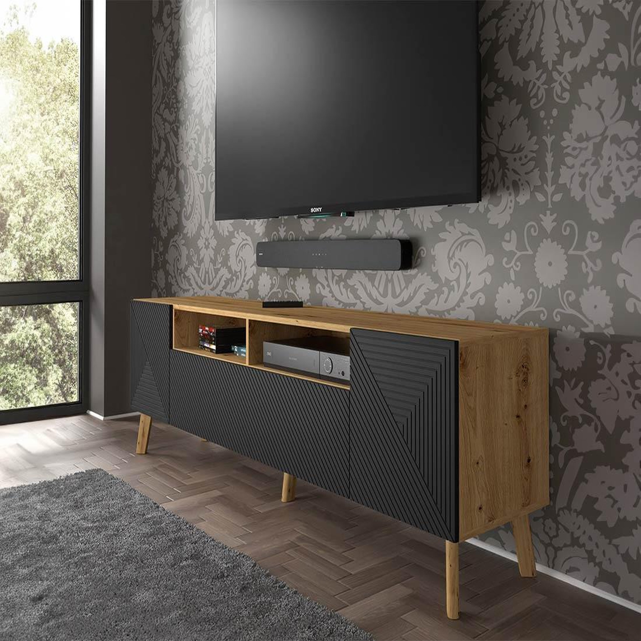 Voir la diapositive 4 : BEST MOBILIER Velato - meuble tv - effet bois et noir - 195 cm