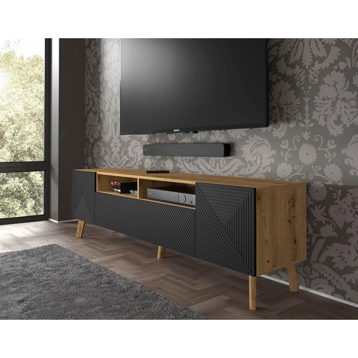 BEST MOBILIER Velato - meuble tv - effet bois et noir - 195 cm