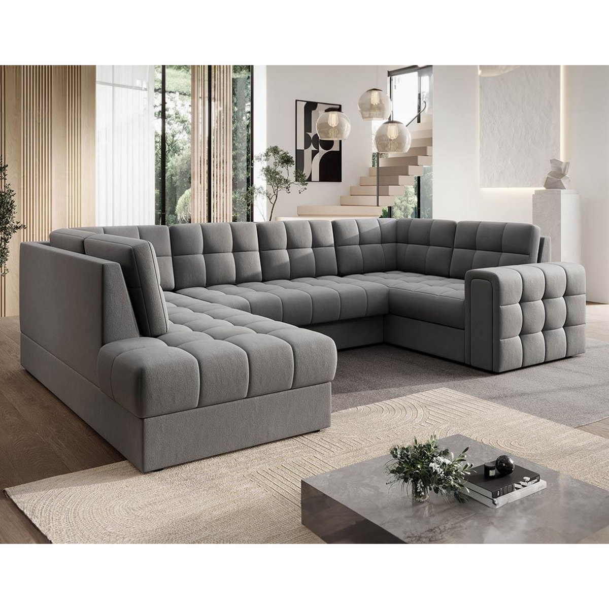 BEST MOBILIER Nappa - canapé panoramique d'angle droit 7 places convertible avec coffre en velours