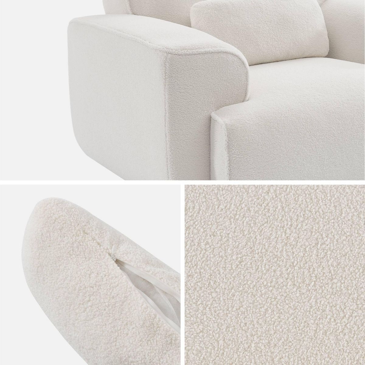 SWEEEK Fauteuil tissu bouclette blanche. lignes arrondis. coussin fourni. Wallas. L 116 x P 97 x H 73cm