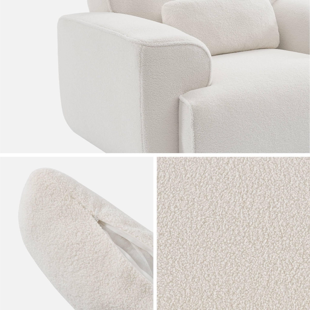 SWEEEK Fauteuil tissu bouclette blanche. lignes arrondis. coussin fourni. Wallas. L 116 x P 97 x H 73cm