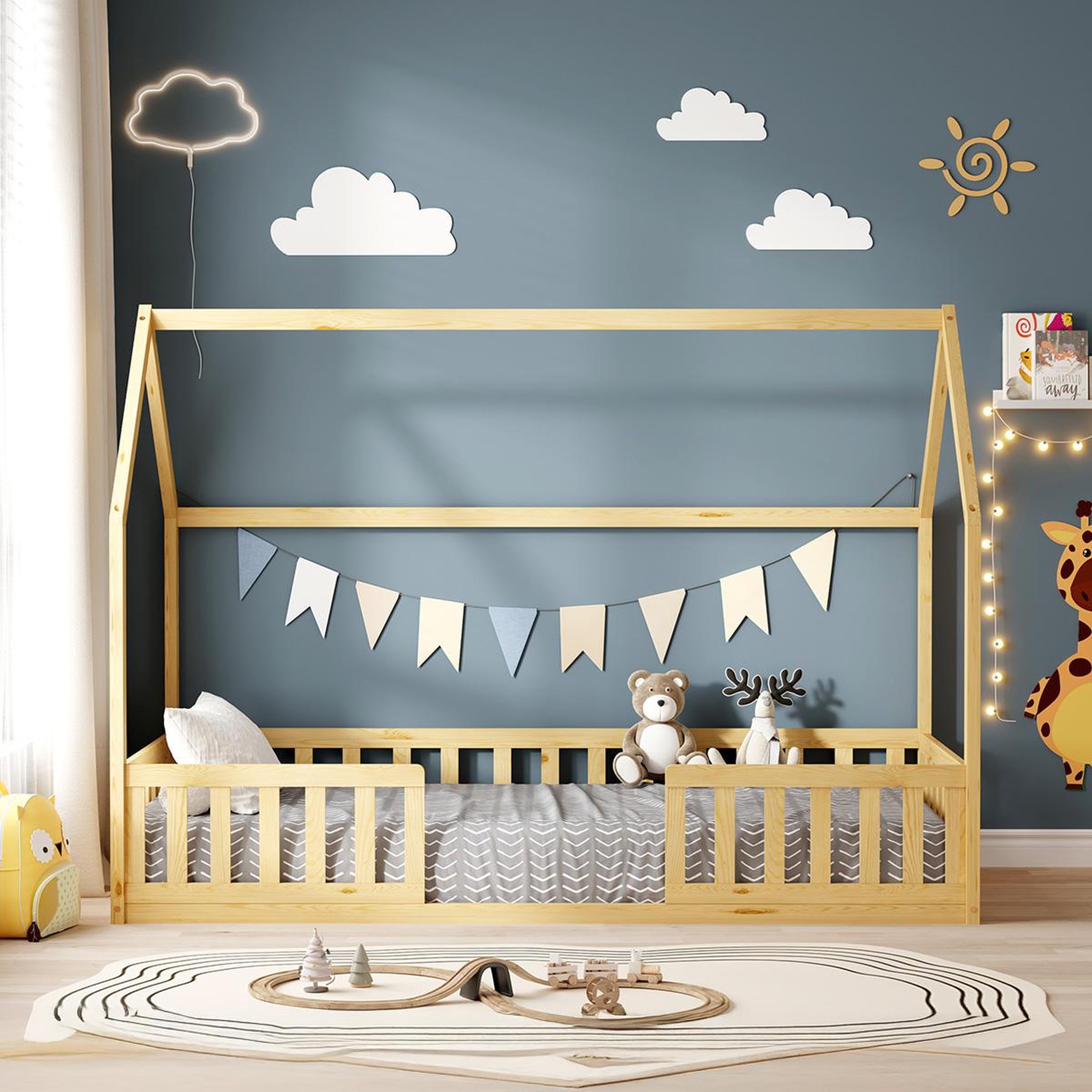 Voir la diapositive 2 : MINEA Minea | lit cabane avec barrière nid enchante 90x190 cm (matelas non inclus)