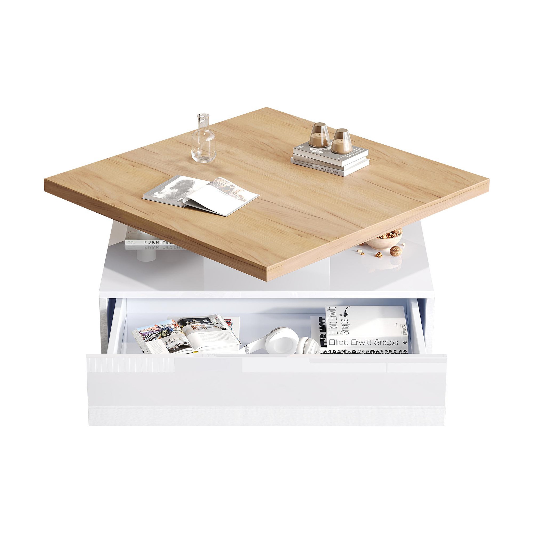 MERAX Table Basse Carrée Avec Un Bureau Rotatif à 360° Et 1 Tiroir Blanc