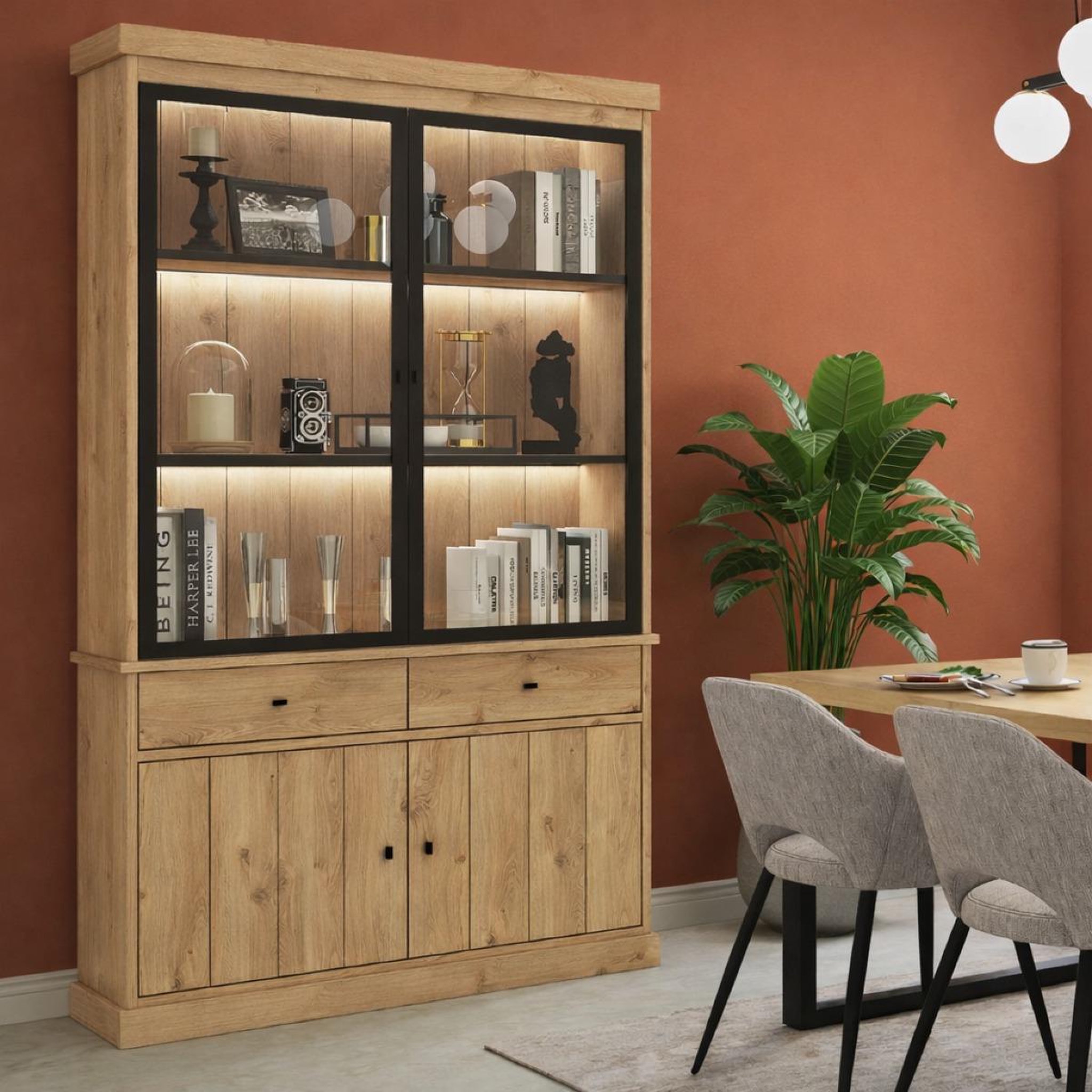 Voir la diapositive 2 : JLC KREATION Vitrine moderne en bois 2 portes vitrées valentine
