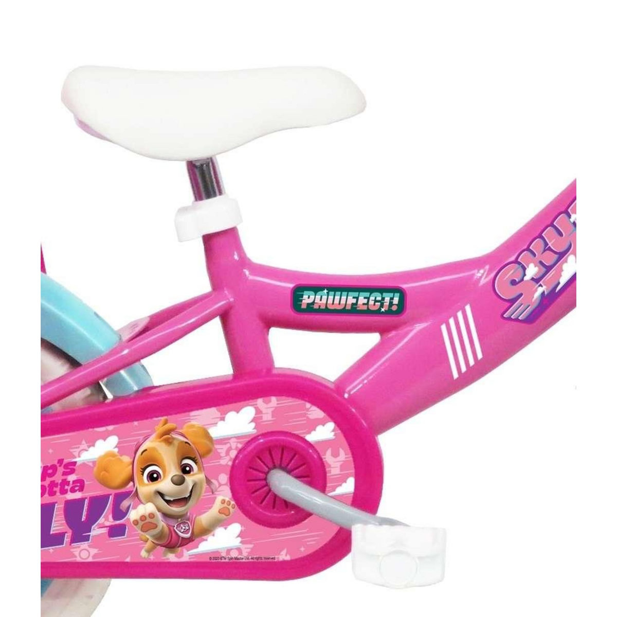 Nickelodeon Vélo enfant (85/100 cm) - Modèle 12'' Pat Patrouille à l'effigie de Stella avec stabilisateurs - Panier avant - Porte poupée - 1 frein et roues bâtons