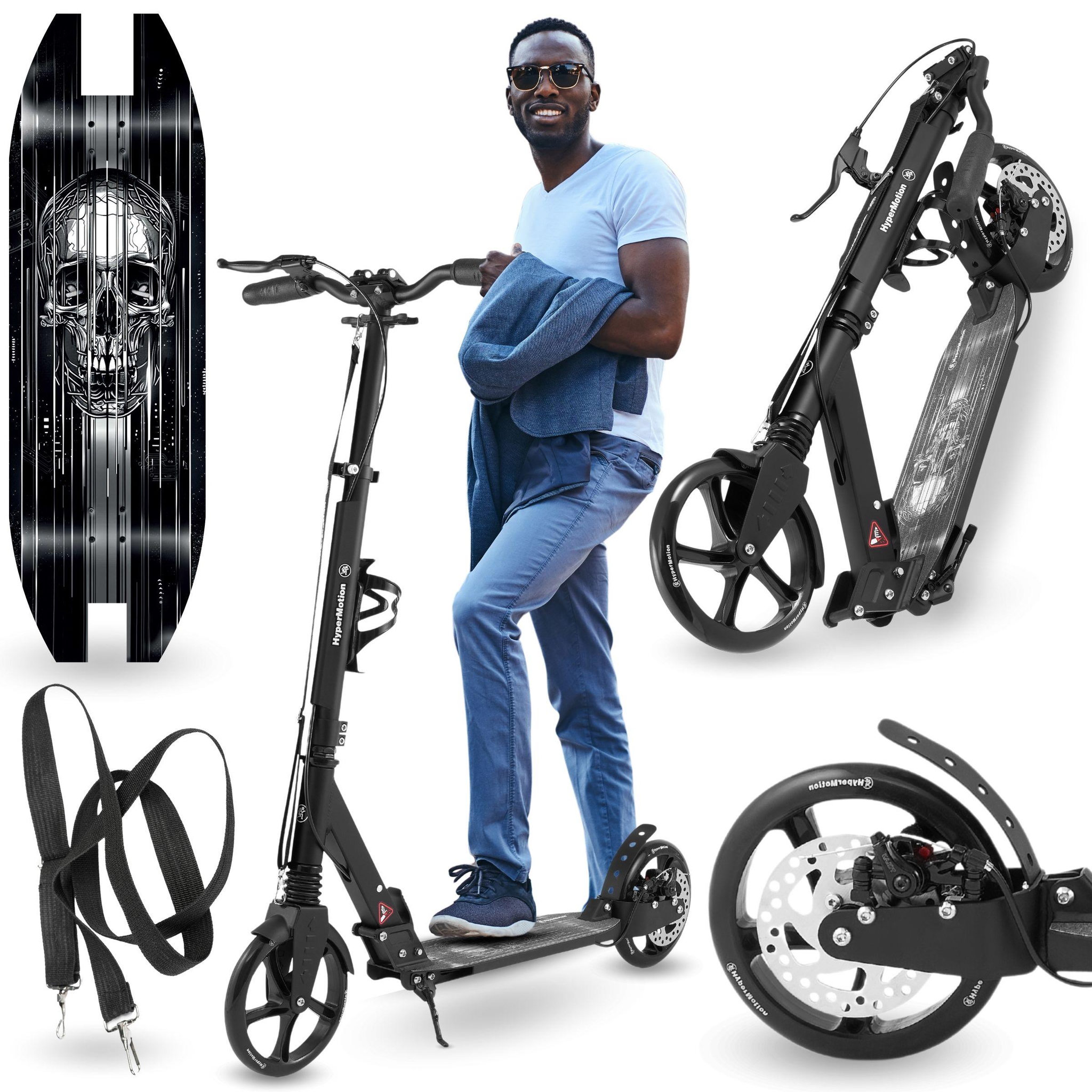 MAMABRUM Trottinette Enfant Noire jusqu'à 100kg - 2 amortisseurs - Pliable - 2 Freins- Aluminium- ABEC-7