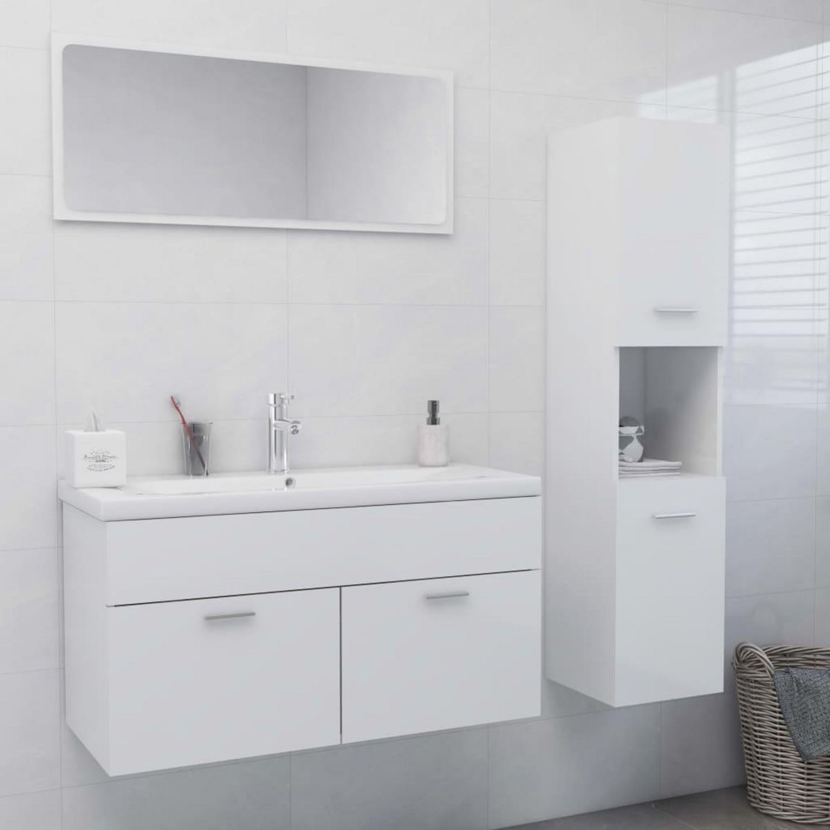 VIDAXL Ensemble de meubles de salle de bain Blanc brillant Agglomere