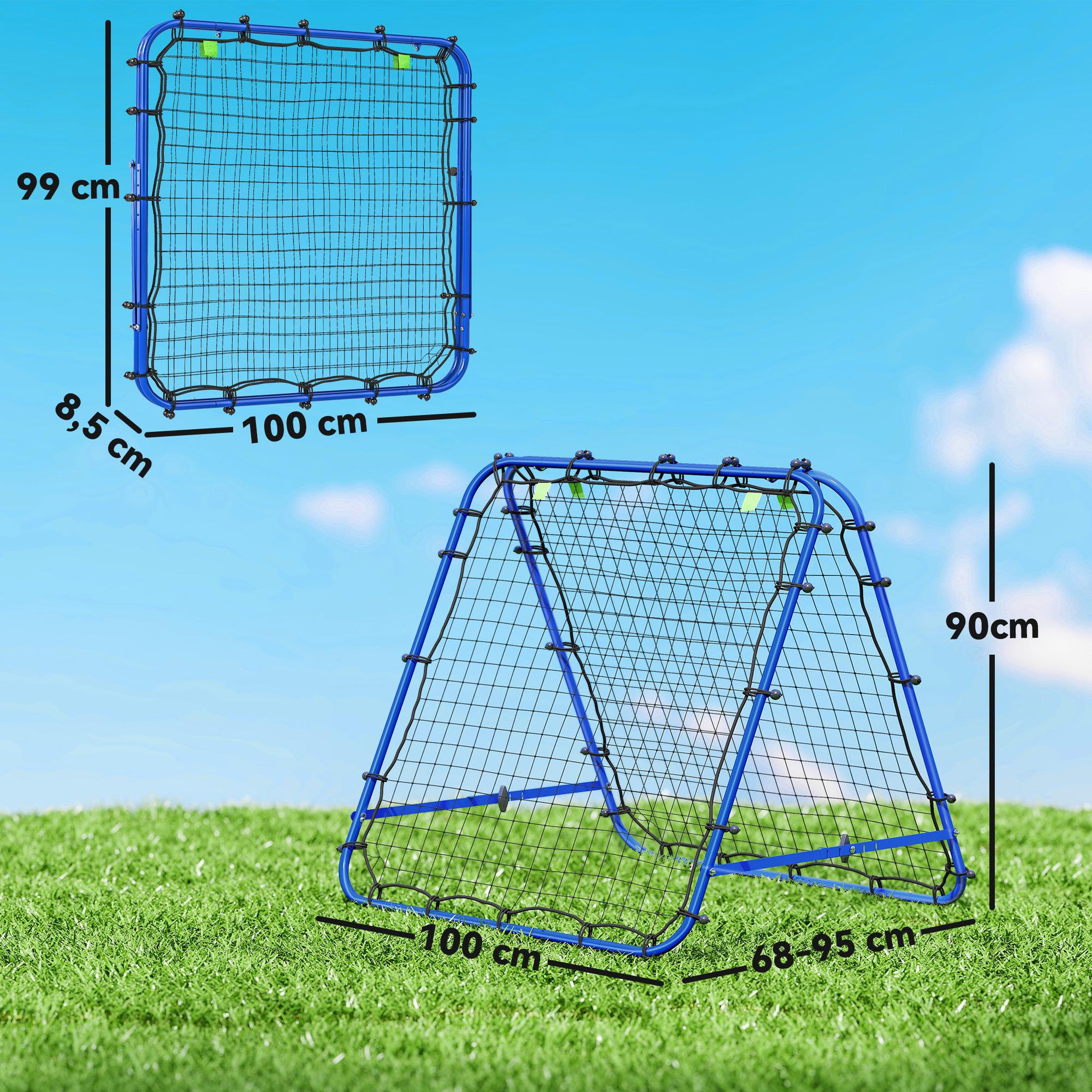 Voir la diapositive 3 : HOMCOM Filet de rebond double face pliable réglable 91 x 91 cm - rebondisseur football - acier pe bleu