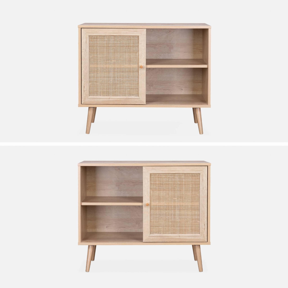 SWEEEK Meuble de rangement en cannage 80x39x65.8cm  Bohème - Naturel -  2 niveaux - 1 porte -  pieds scandinaves. buffet bas