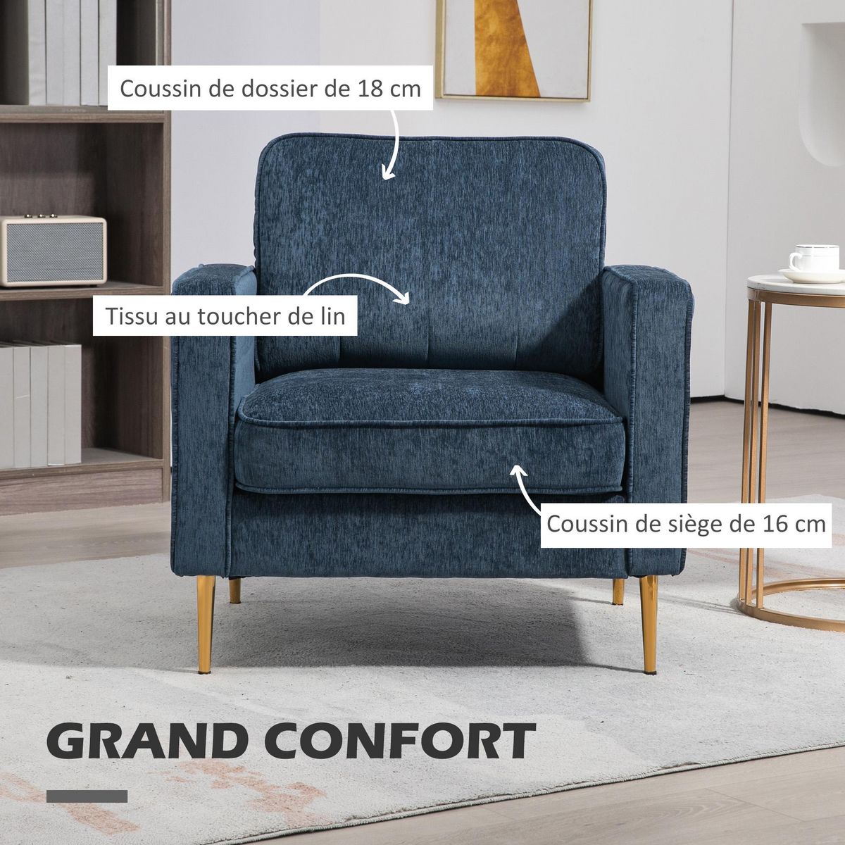 HOMCOM Fauteuil style art déco piètement métal doré tissu bleu
