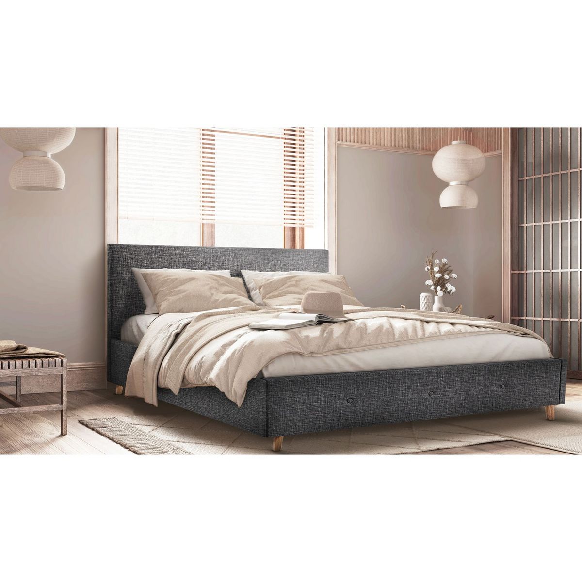 Lit coffre tissu scandinave avec sommier relevable 160x200 cm MILA