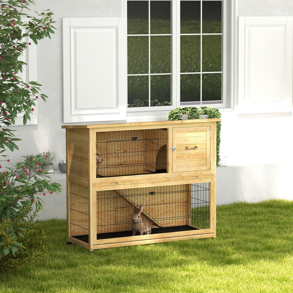 PAWHUT Clapier à lapin 2 étages 3 portes verrouillables bois pré-huilé