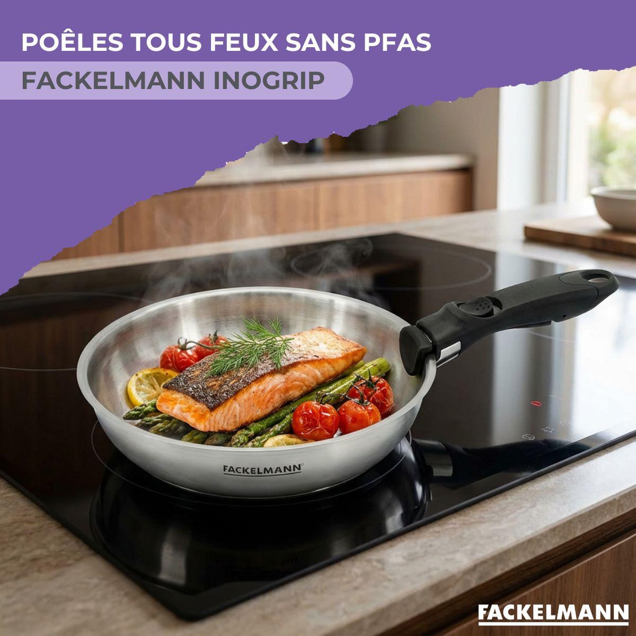 Voir la diapositive 2 : Fackelmann Lot de 2 poêles en inox de 24 cm et 28 cm avec manche amovible fackelmann inogrip