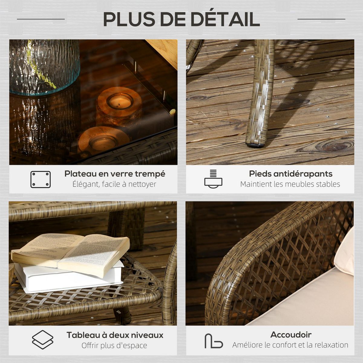 OUTSUNNY Salon de jardin 4 places 4 pièces style colonial table basse coussins beige inclus résine tressée marron