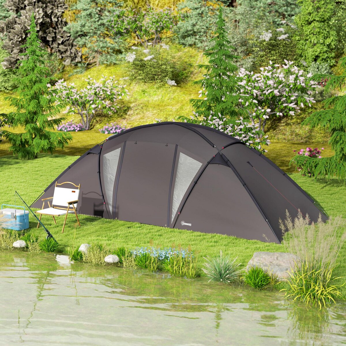OUTSUNNY Tente camping 6 places - tente tunnel familiale - imperméabilité 3000mm - dim. 6,15 x 2,35 x 1,95 m - sac inclus - gris
