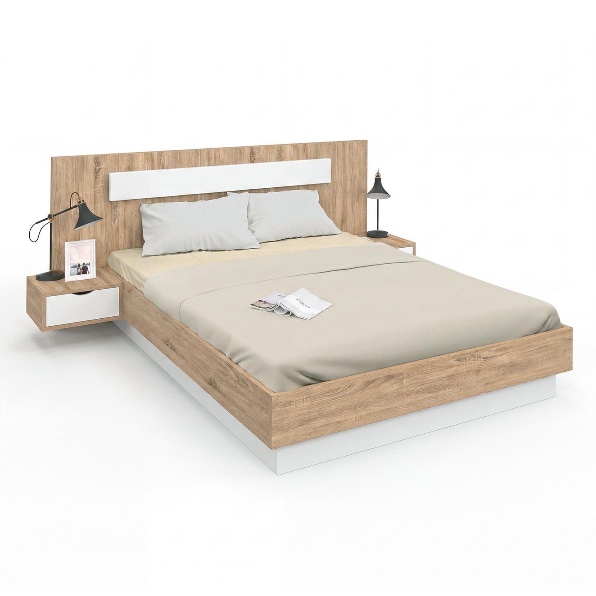 ID MARKET Lit double santa avec tête de lit + tables de chevet intégrées et sommier 140 x 190 cm bois et blanc