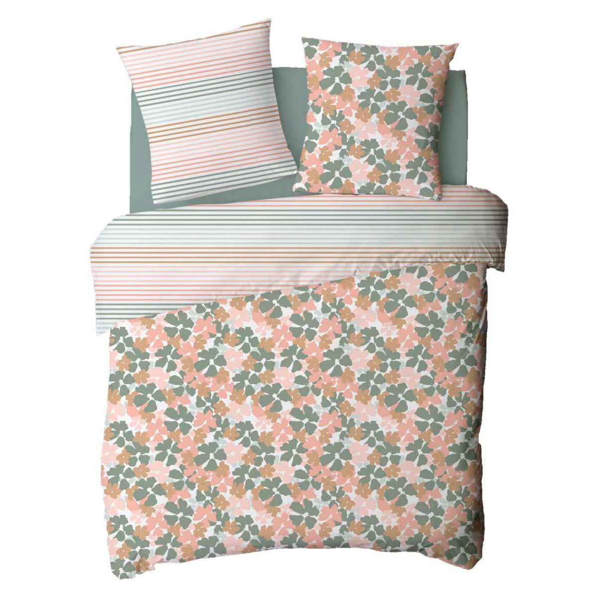 FUTURE HOME Parure de lit 2 personnes fleurie réversible rayures