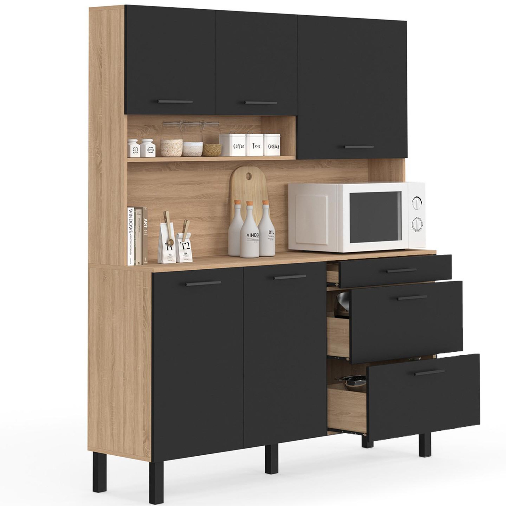 ID MARKET Buffet casserolier de cuisine 140 cm cina 5 portes + 3 tiroirs façon hêtre et noir
