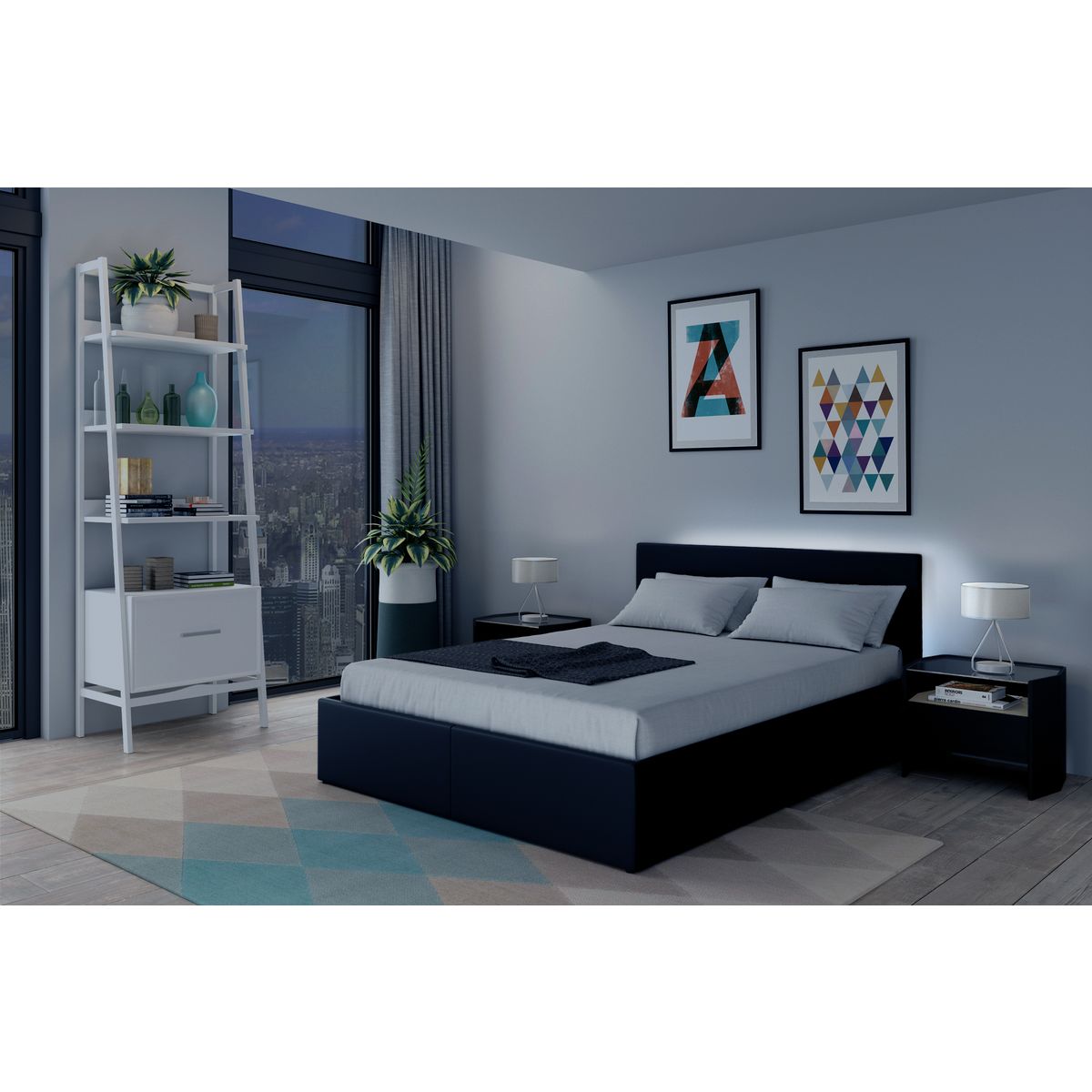 Lit coffre 160x200cm avec sommier à lattes et tête de lit LED WILLOW