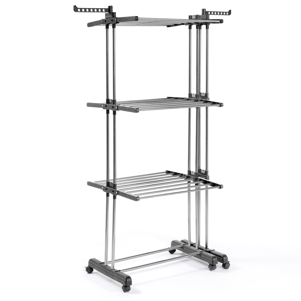 ID MARKET Séchoir à linge vertical pliable et extensible 3 niveaux GIGA capacité 27M avec cintres et pinces inox et gris