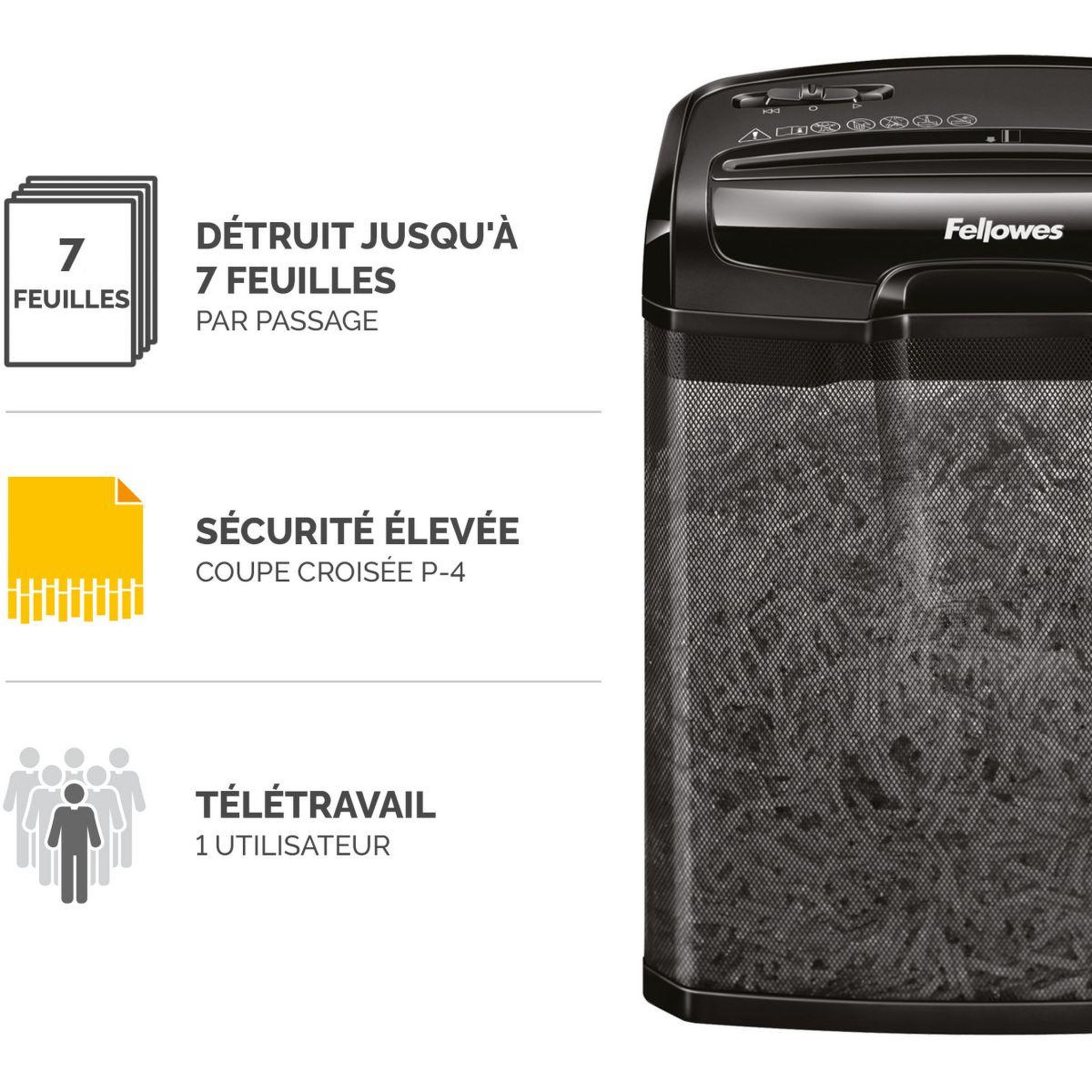 Voir la diapositive 2 : Fellowes Destructeur papier Fellowes DESTRUCTEUR M 7CM COUPE CROISEE 7 FEUILLES