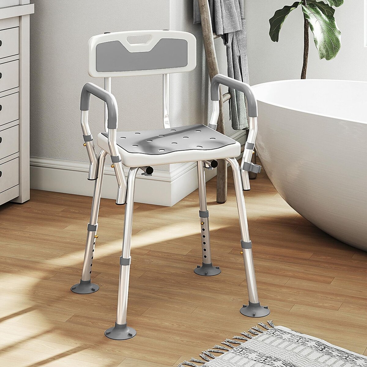 HOMCOM Chaise de douche siège de douche ergonomique hauteur réglable pieds antidérapants charge max. 136 Kg alu HDPE blanc gris