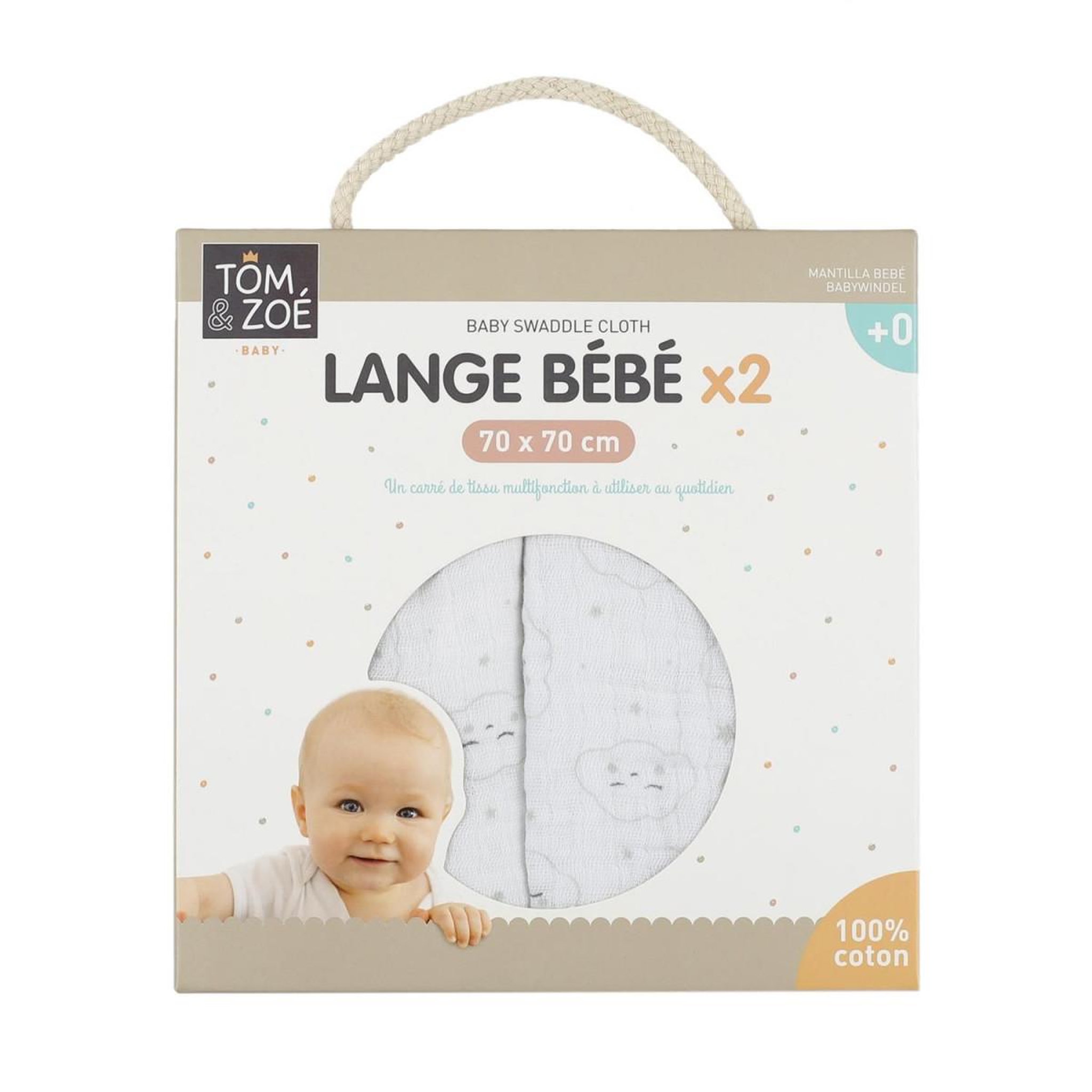 Voir la diapositive 4 : Tom & Zoé Lot de 2 langes pour bébé  coton  70x70cm blanc
