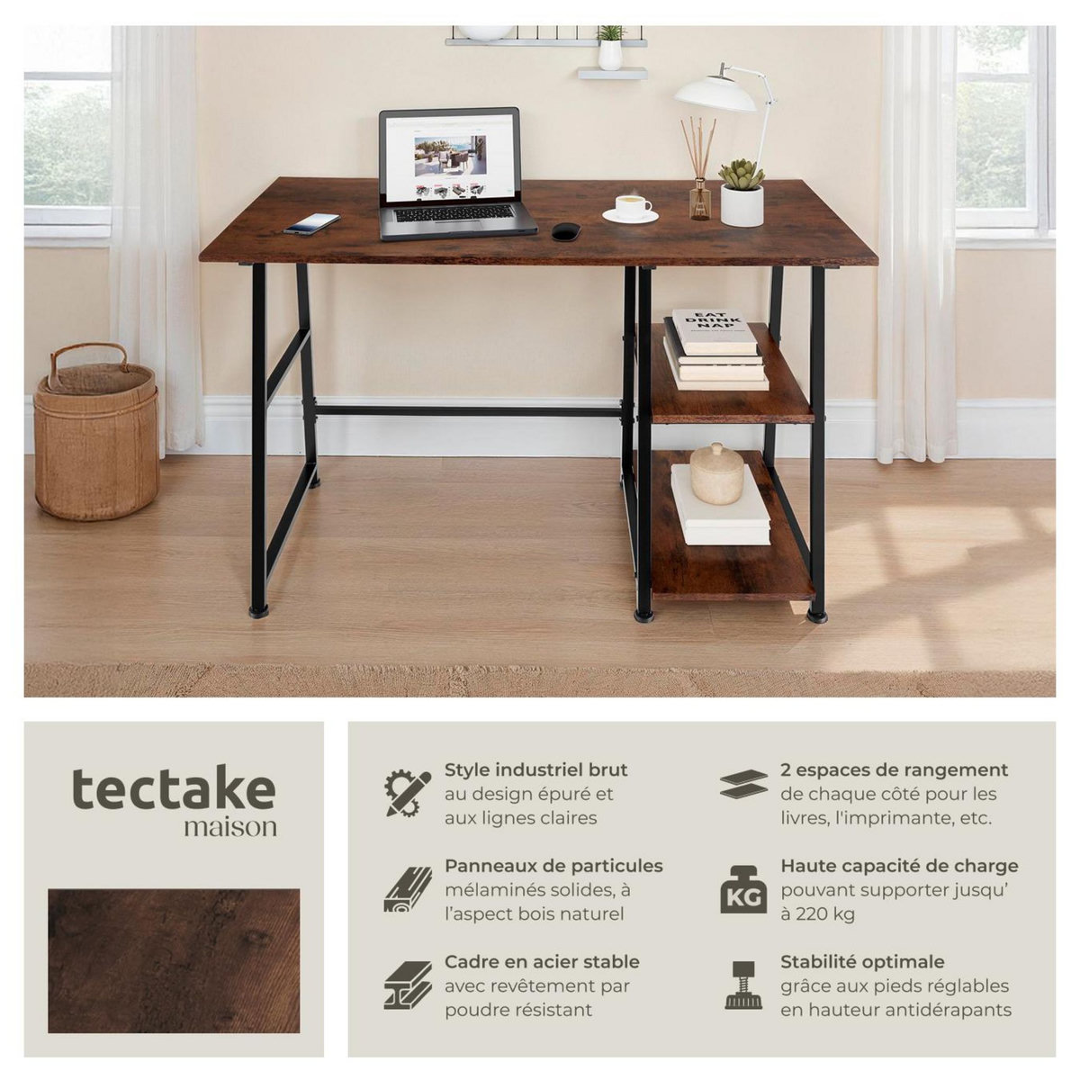 tectake Bureau Style industriel Étagère latérale avec 2 compartiments de stockage