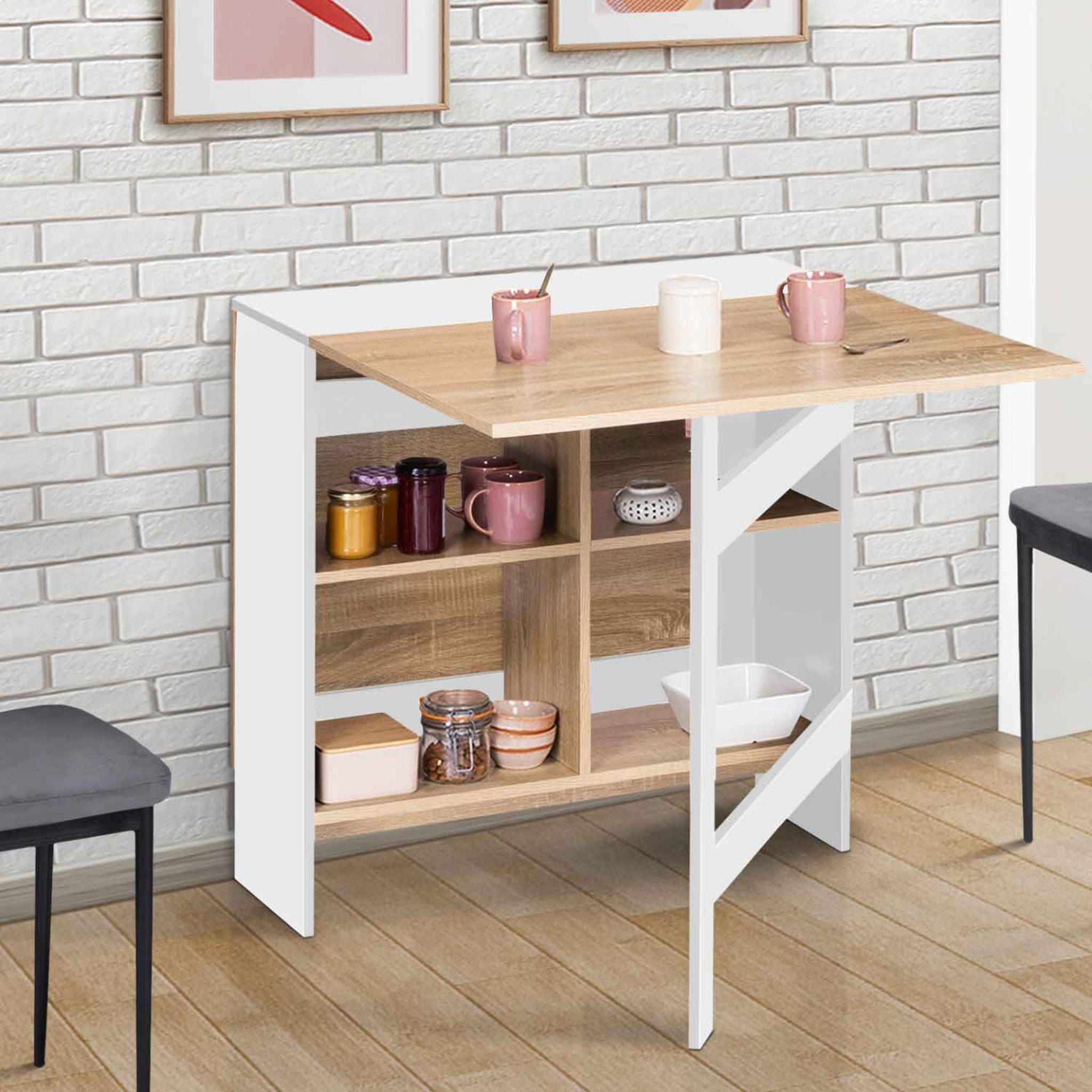 Voir la diapositive 2 : ID MARKET Table console pliable edi 2-6 personnes avec rangements bois blanc plateau façon hêtre 150 x 80 cm