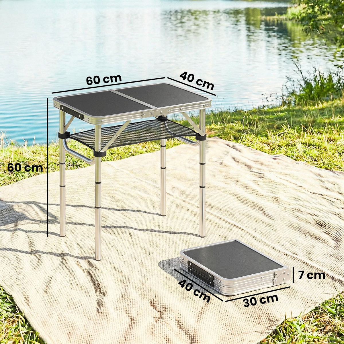 OUTSUNNY Table de camping pliable réglable alu noir avec rangement filet