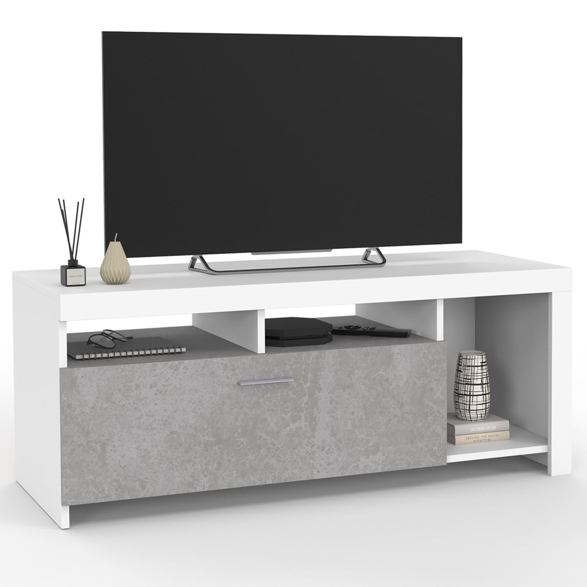 ID MARKET Meuble tv 110 cm malo blanc et placard effet béton