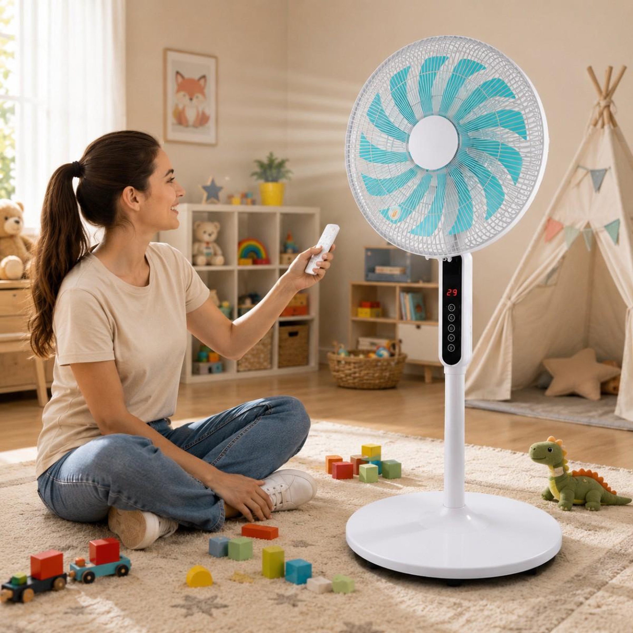 Voir la diapositive 6 : INTEC Ventilateur sur pied 55w 13 pales flux air puissant 3 hauteurs réglables télécommande minuterie ecran tactile intec