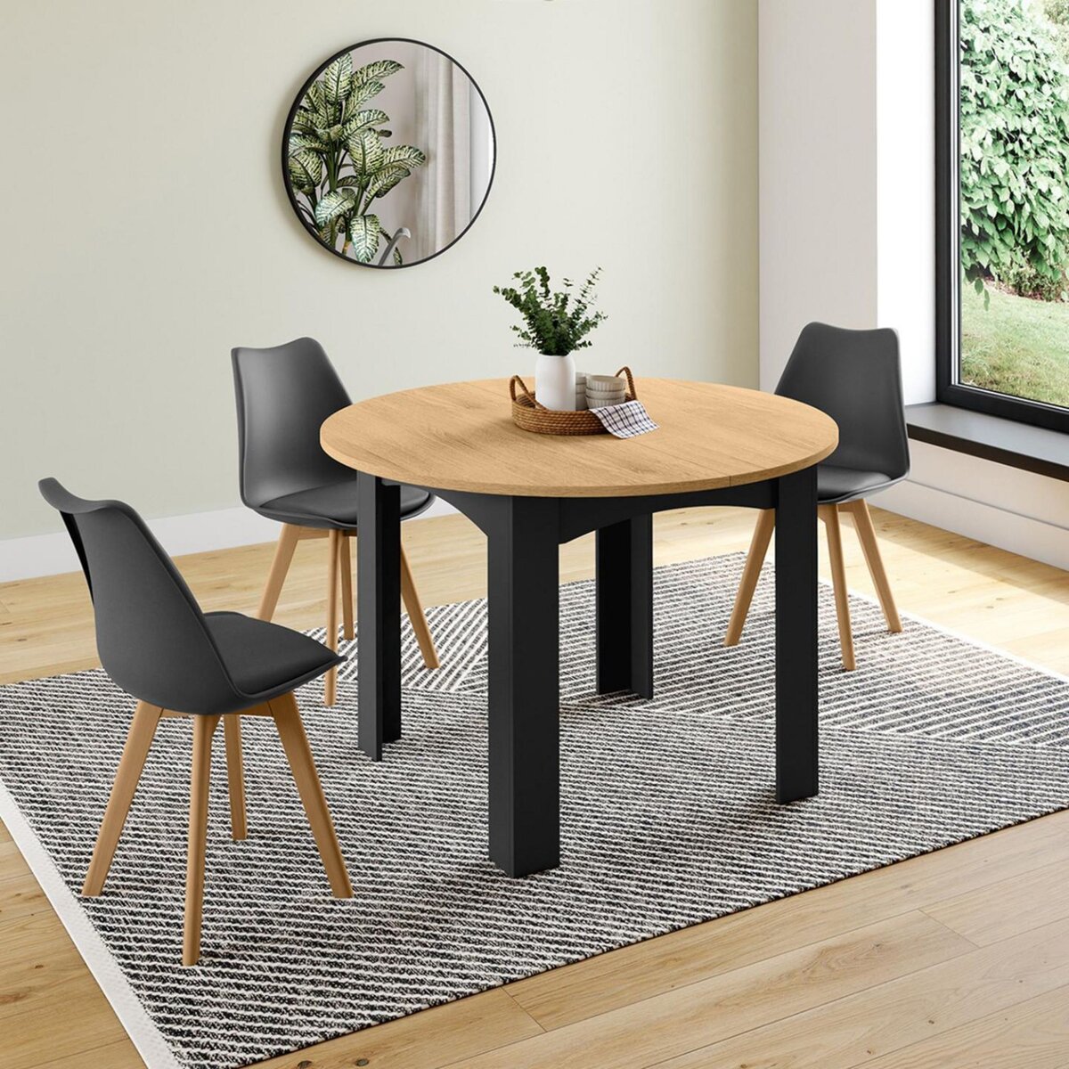 ID MARKET Table à manger extensible ronde DONA 4-8 personnes noire plateau façon hêtre 110-150 cm
