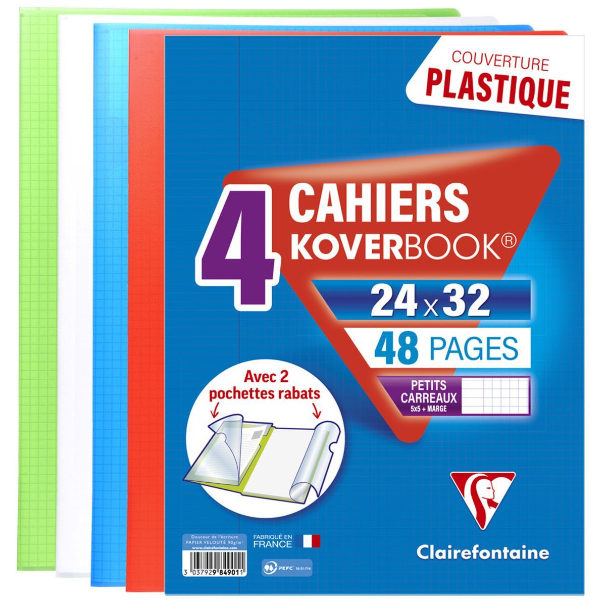 CLAIREFONTAINE Lot de 4 cahiers polypro Koverbook 24x32cm 48 pages petits carreaux 5x5 translucide