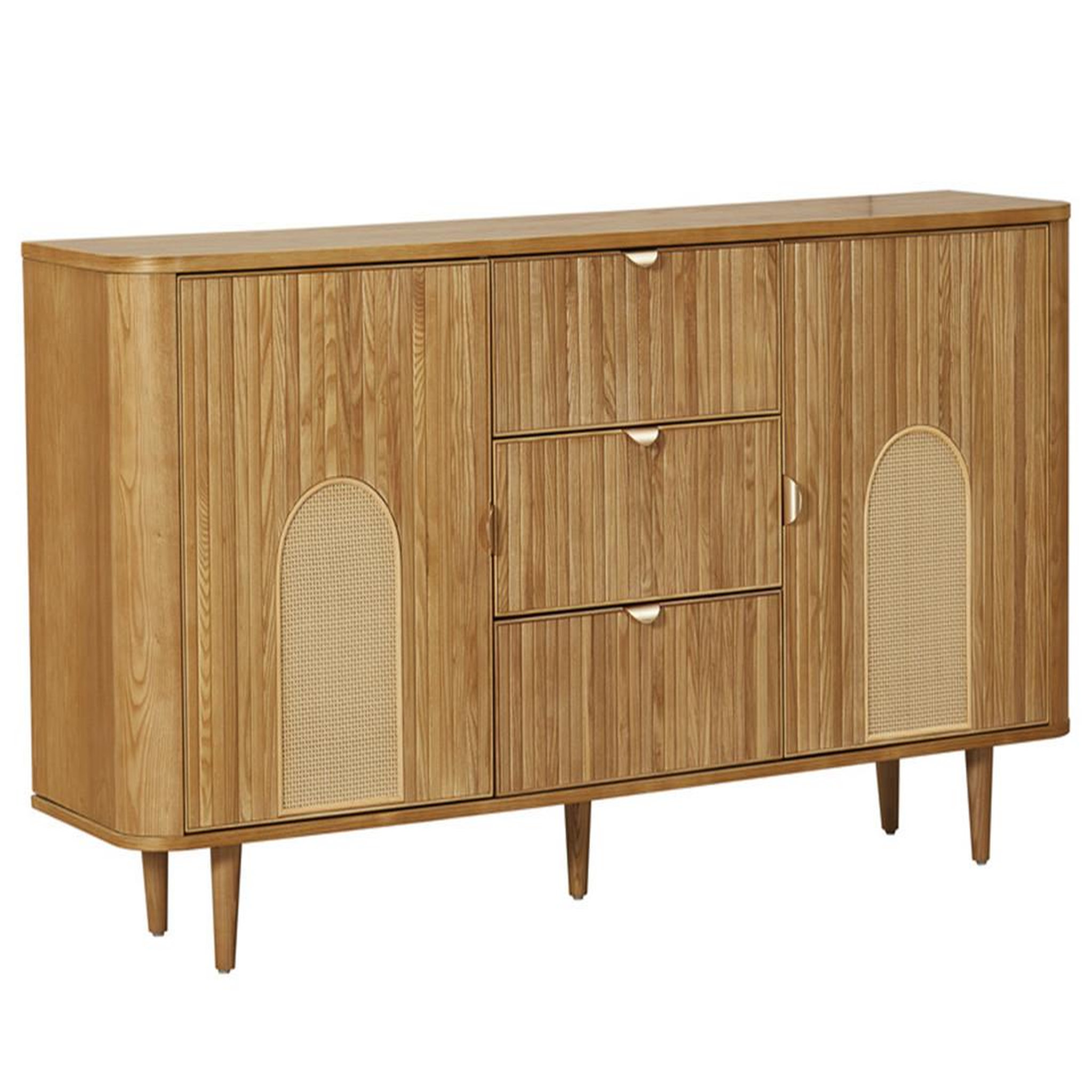 Voir la diapositive 2 : BEST MOBILIER Milazzo - buffet bas - bois plaqué chêne et cannage - 3 tiroirs et 2 portes - 160 cm
