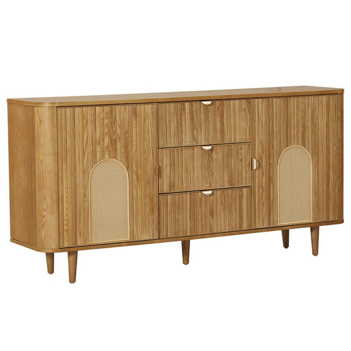 LISA DESIGN Milazzo - buffet bas - bois plaqué chêne et cannage - 3 tiroirs et 2 portes - 160 cm