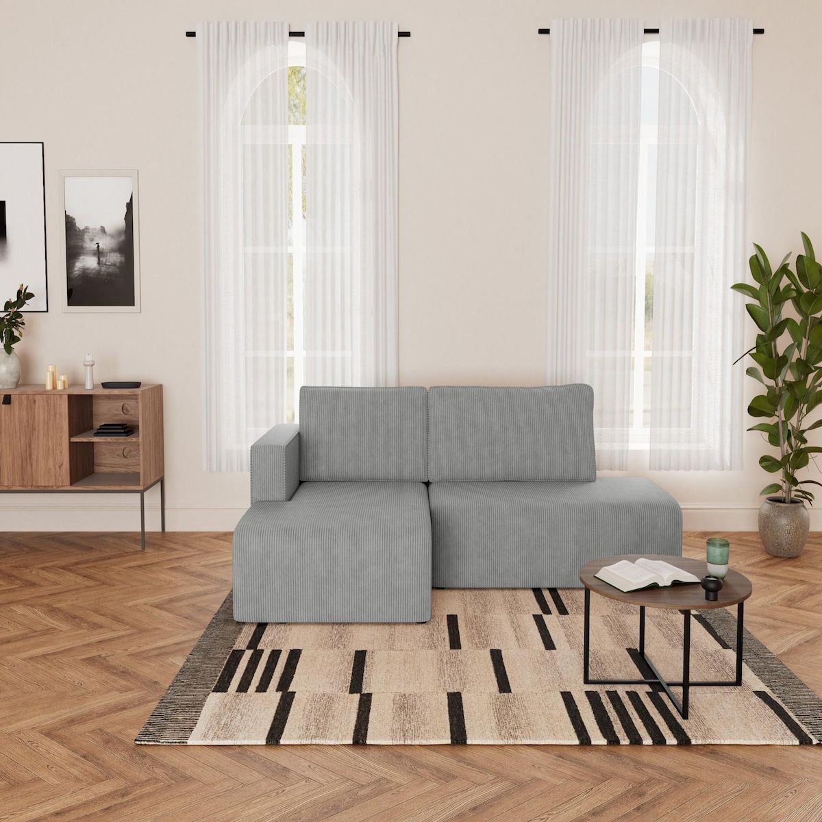 BEST MOBILIER Topaze - canapé d'angle gauche 4 places convertible avec coffre en velours côtelé