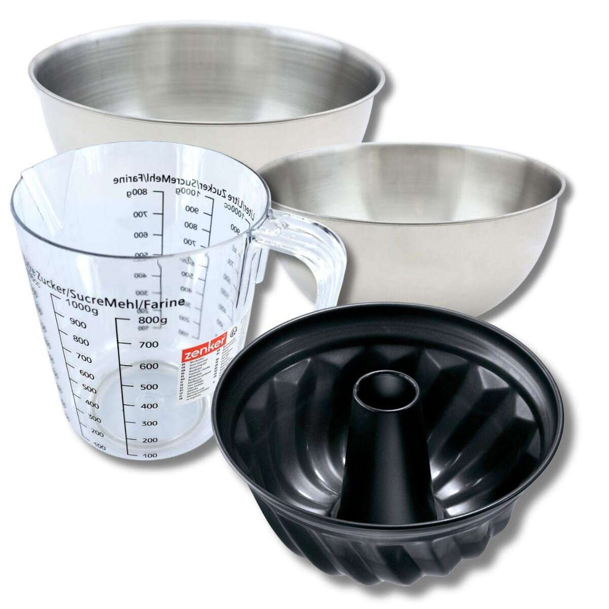 ZENKER Set pâtisserie avec moule à kouglof 22 cm, 2 bols à mixer, verre mesureur et spatule Zenker