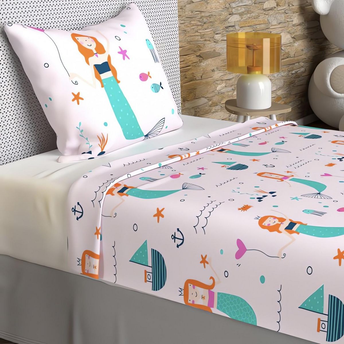 SOLEIL D'OCRE Parure de draps 180x290 cm SIRENES, 100% coton 57 fils/cm2, par Soleil d'Ocre