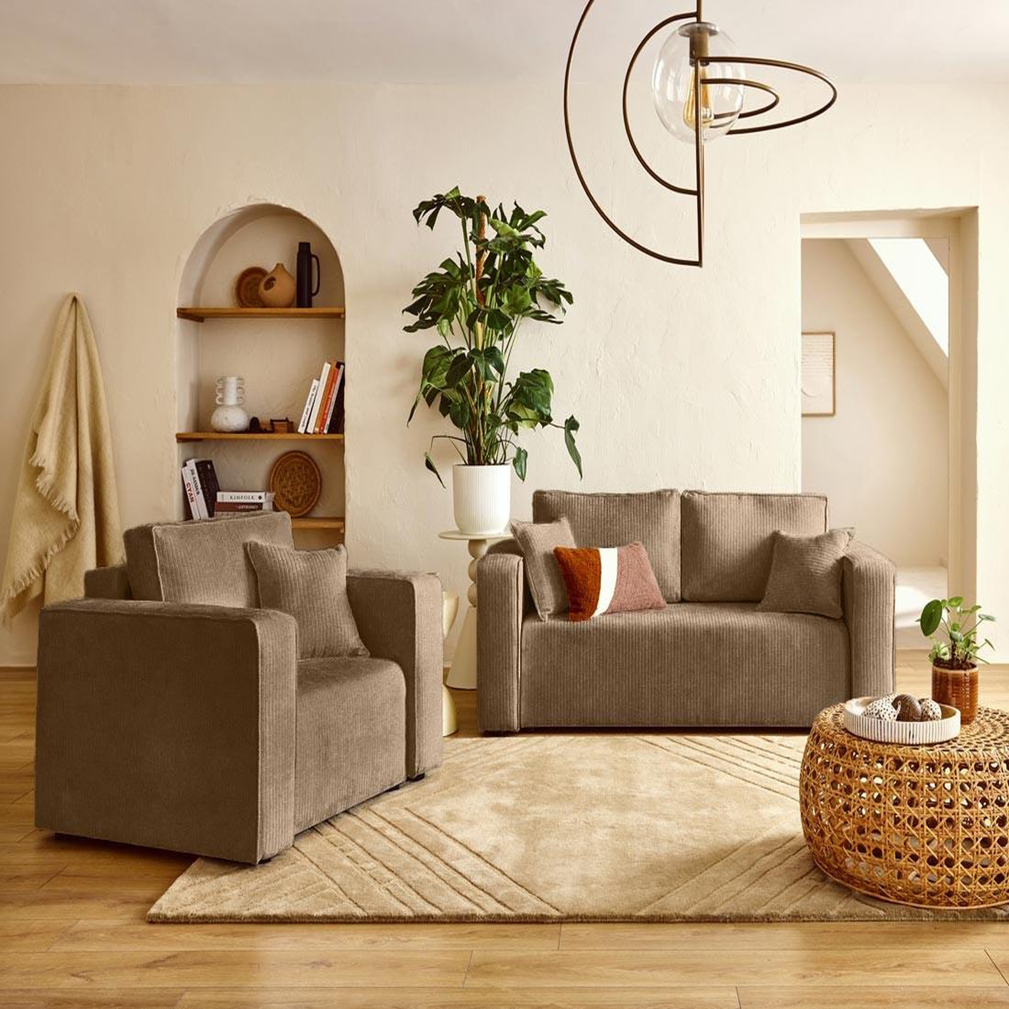 Voir la diapositive 2 : BEST MOBILIER Topaze - canapé droit 2 places en velours côtelé plat