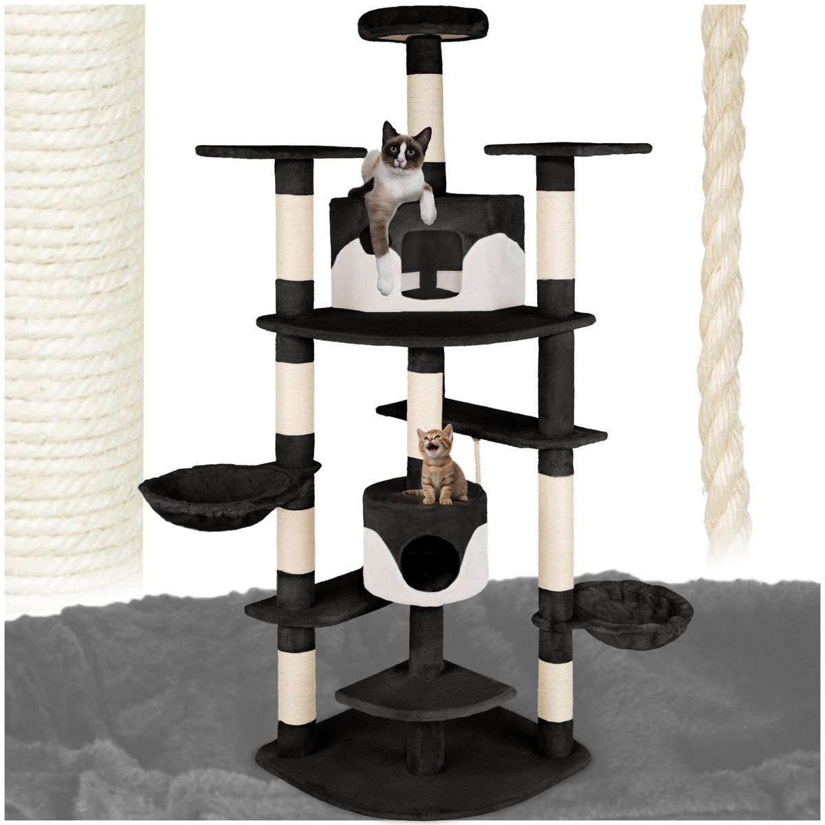tectake Arbre à chat 204 cm avec griffoir et plateforme d'escalade noir/blanc