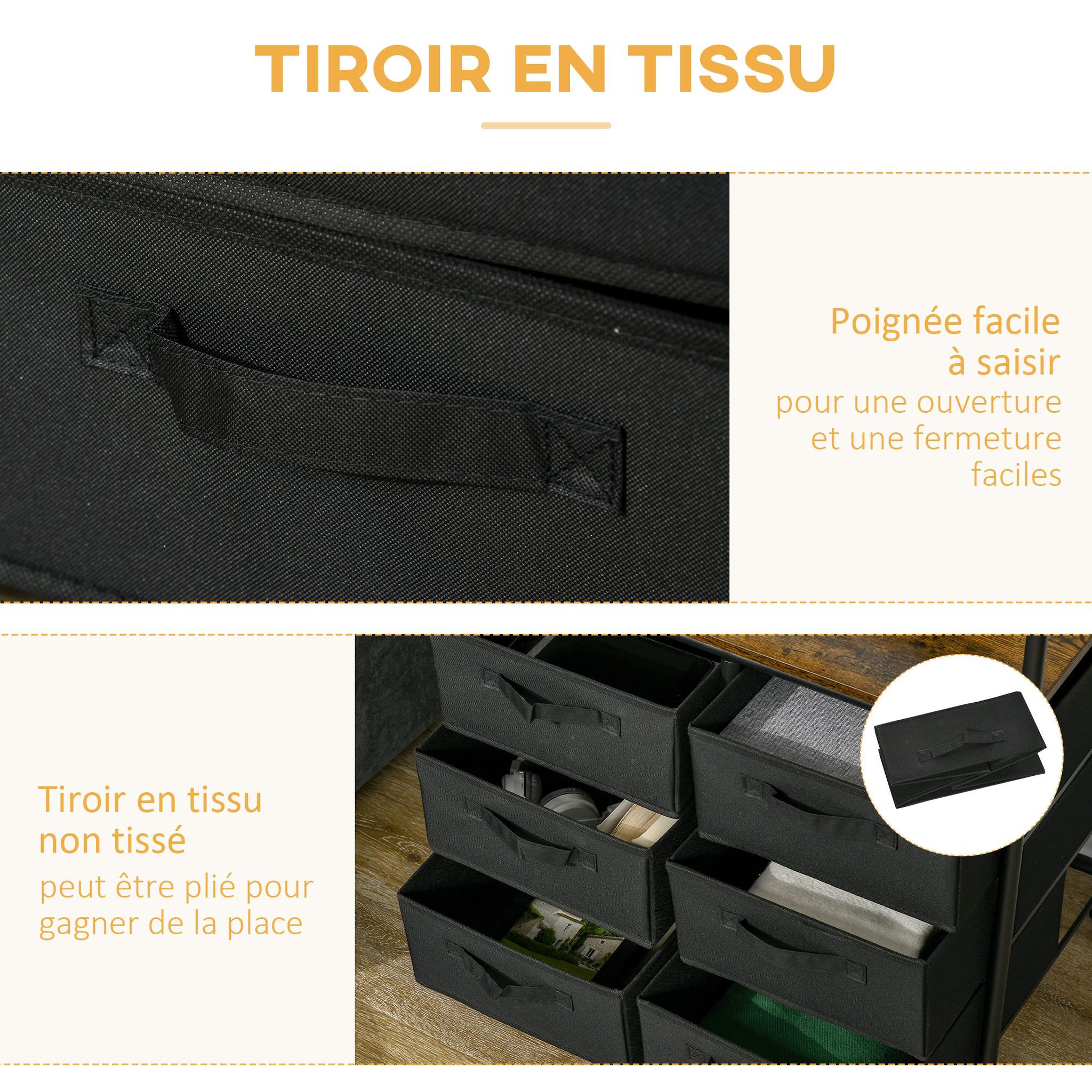 Voir la diapositive 5 : HOMCOM Penderie portant à vêtements style industriel sur roulettes 6 tiroirs barre penderie acier noir panneaux aspect bois