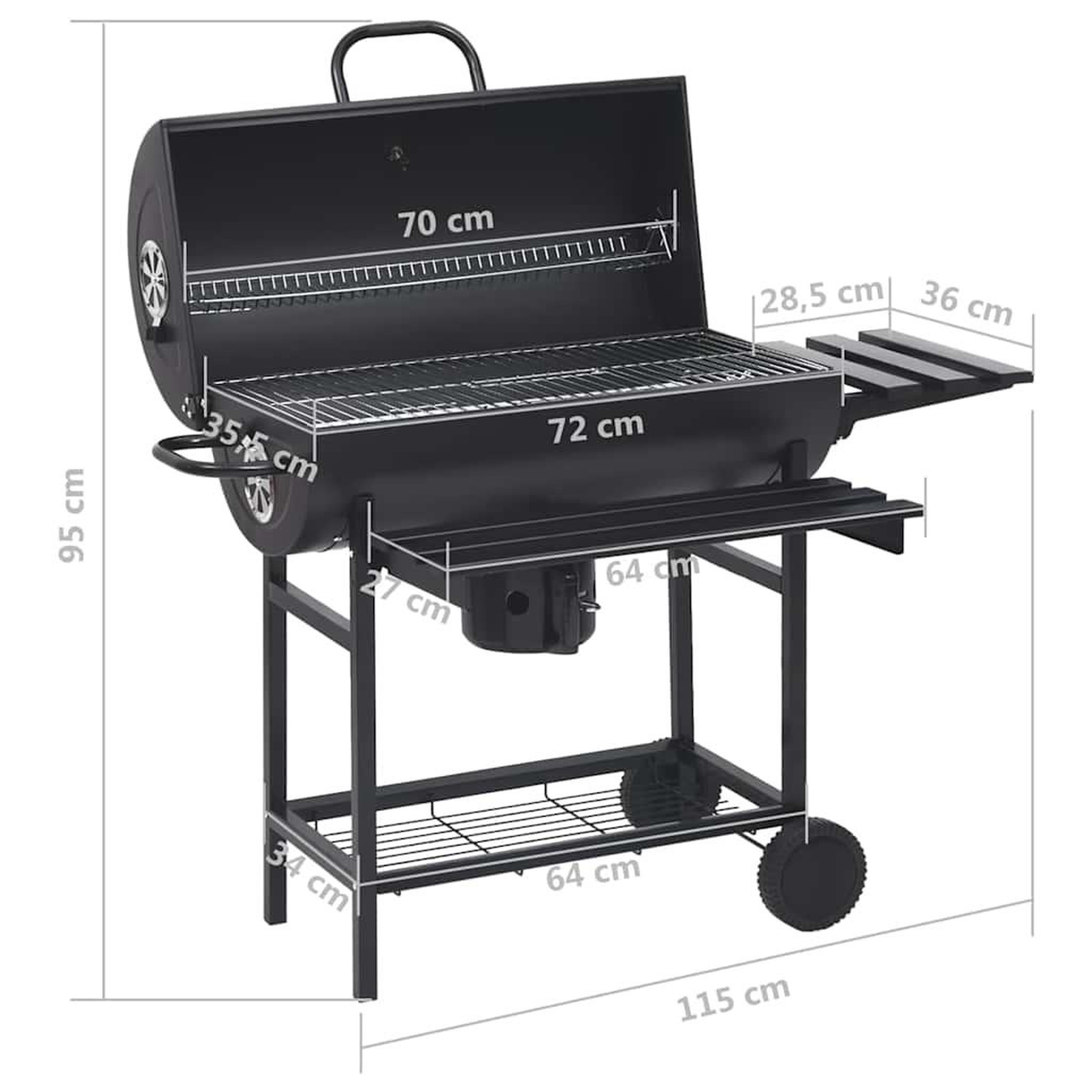 Voir la diapositive 6 : VIDAXL Gril a baril avec roues et etageres noir acier 115x85x95 cm