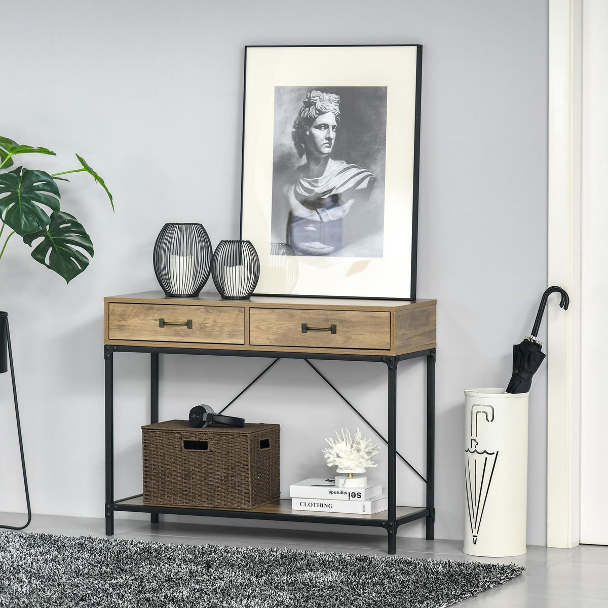 HOMCOM Console table d'appoint design industriel dim. 100L x 35l x 76H cm 2 tiroirs poignées laiton vieilli étagère métal noir aspect bois veinage