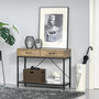 Voir la diapositive 2 : HOMCOM Console table d'appoint design industriel dim. 100L x 35l x 76H cm 2 tiroirs poignées laiton vieilli étagère métal noir aspect bois veinage