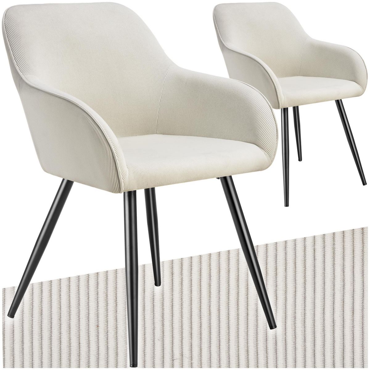tectake Chaise de salle à manger rembourrée en velours côtelé crème/noir Lot de 2