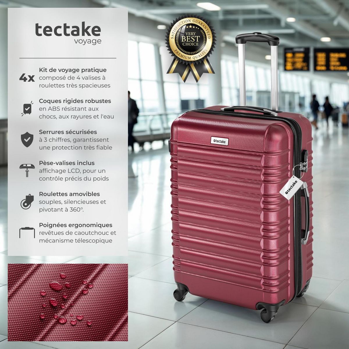 tectake Set de valises rigides 4 pièces en plastique ABS robuste, pèse-bagages et une étiquette de valise incluses rouge bordeaux