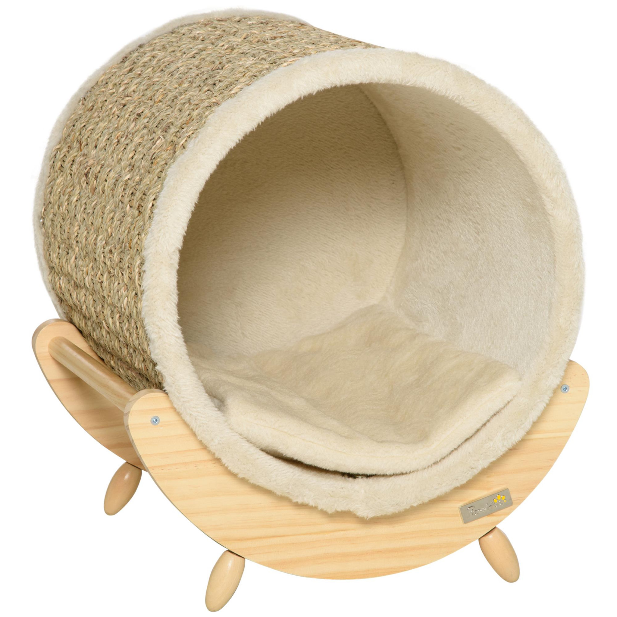 Voir la diapositive 1 : PAWHUT Maison pour chat design - niche chat panier chat - coussin, grattoir sisal jonc de mer naturel inclus - bois flanelle beige