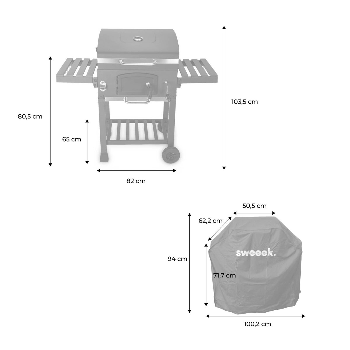 SWEEEK Barbecue Grill charbon de bois noir - Fumoir avec récupérateur de cendres. aérateurs. bac charbon ajustable et tablettes rabattables + Housse en PVC